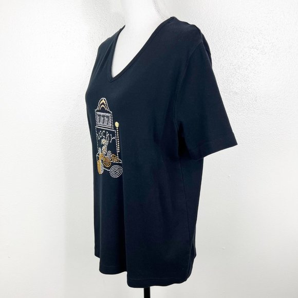Lyn Dorf Shirt Women Extra Large Black Gold Lucky 7 Rhinestone Studs V-Neck Tee - Picture 2 of 10
